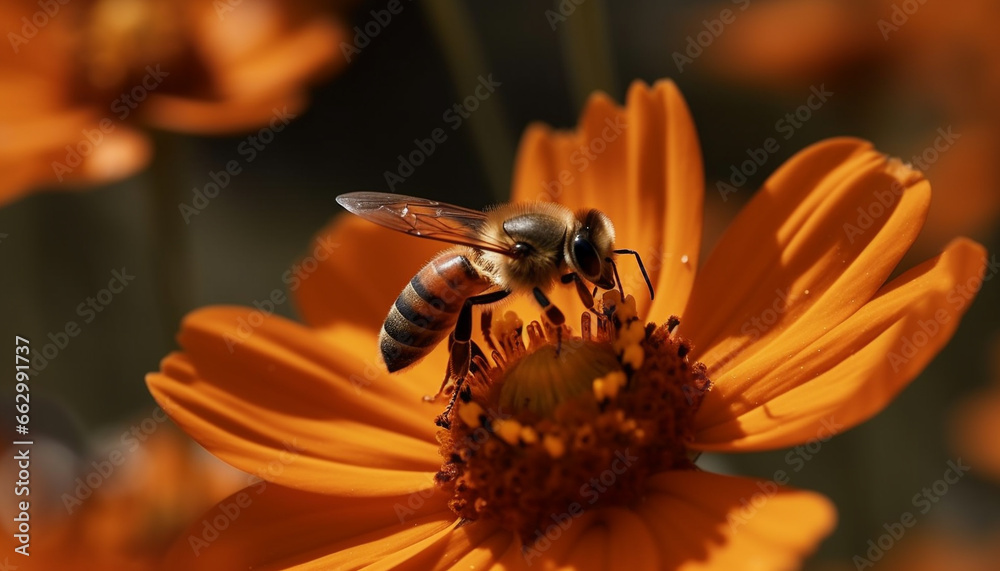 Busy honey bee working on yellow flower in nature beauty generated by AI