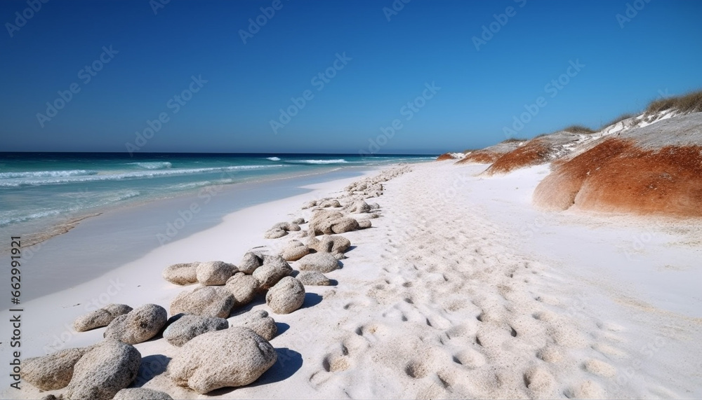 Tranquil seascape  blue water meets sandy coastline, waves crash peacefully generated by AI