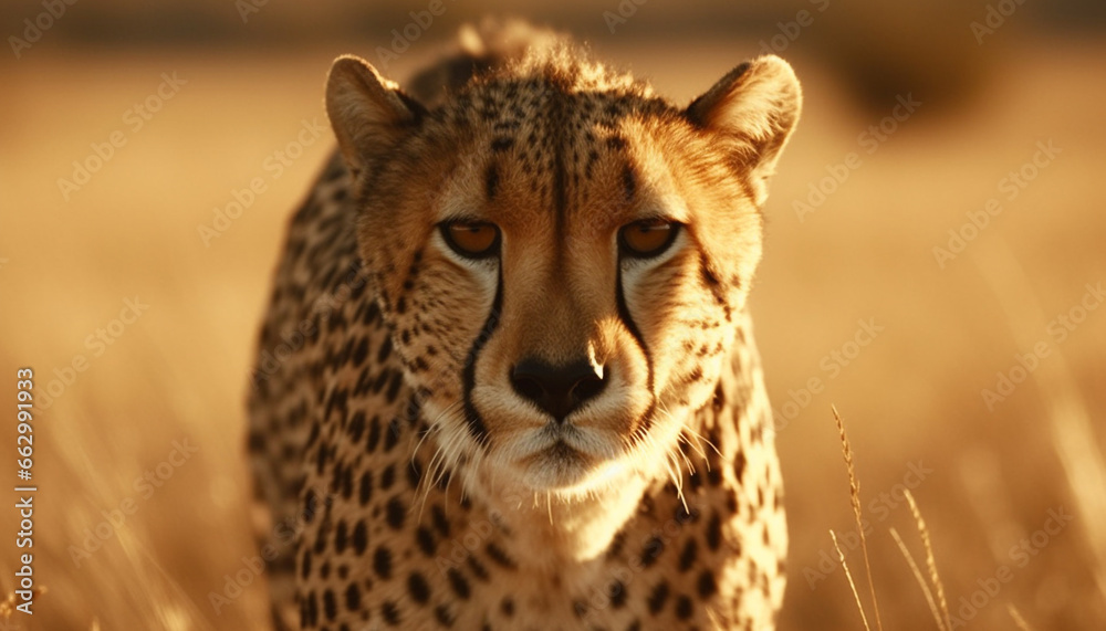 Majestic cheetah staring, beauty in nature, watching the wilderness sunset generated by AI