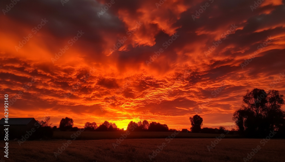 Silhouette of a tree against a dramatic sky at dusk generated by AI