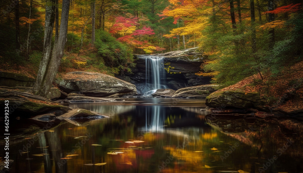 Smooth rock reflects vibrant autumn forest in tranquil wilderness scene generated by AI