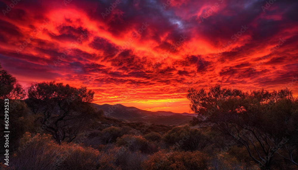 Tranquil sunset silhouettes majestic mountain peak in multi colored sky generated by AI