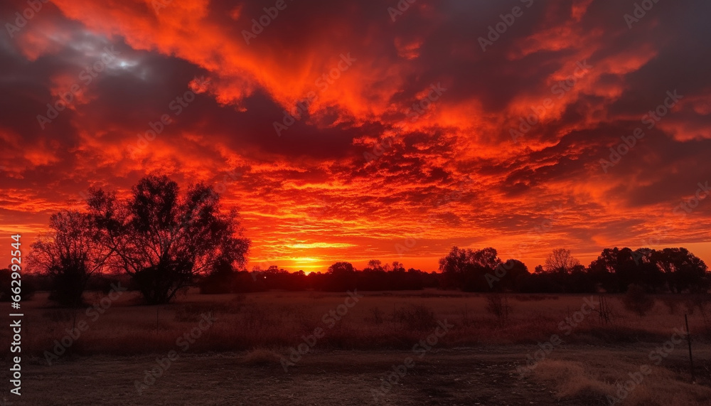 Tranquil sunset over African savannah, backlit acacia tree silhouette generated by AI