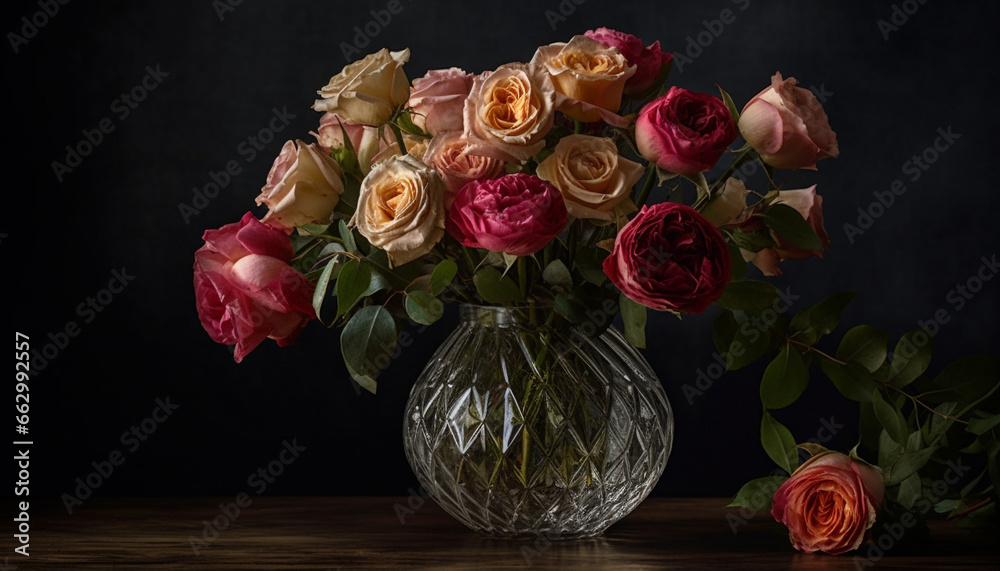 Rustic elegance  A multi colored bouquet of fresh flowers on wooden table generated by AI