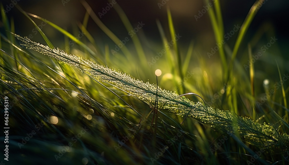 Fresh green meadow growth in wet summer dewdrop environment generated by AI