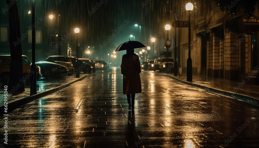 Wet city night, women and men walking with umbrellas generated by AI