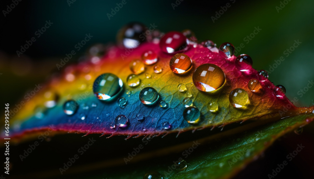 Vibrant green leaf reflects wet beauty of nature growth generated by AI