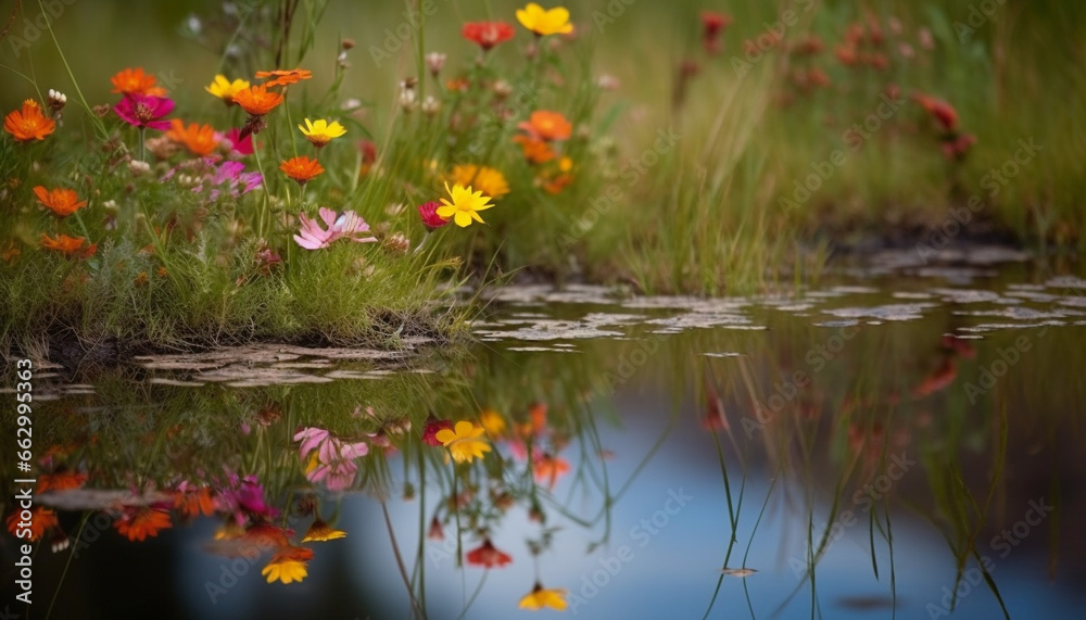 Vibrant wildflowers blossom in tranquil meadow under sunset colors generated by AI