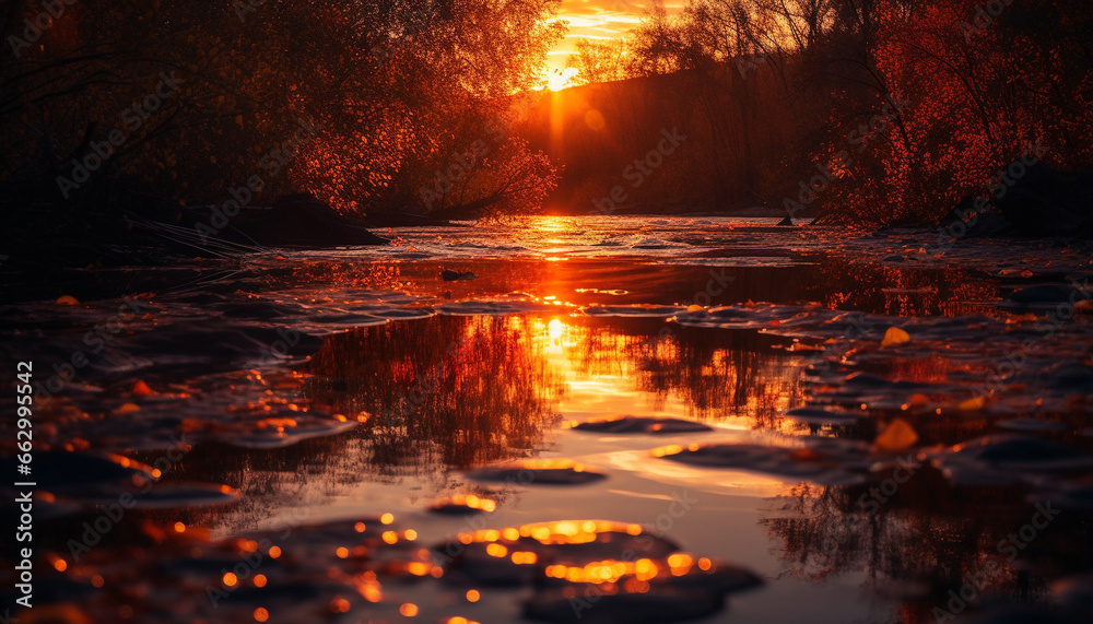 Tranquil sunset reflects vibrant sky, nature beauty in silhouette generated by AI