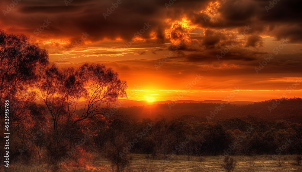 Silhouette of tree against orange sky in tranquil rural scene generated by AI