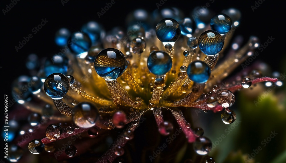 Vibrant purple flower reflects beauty in nature with dew drops generated by AI