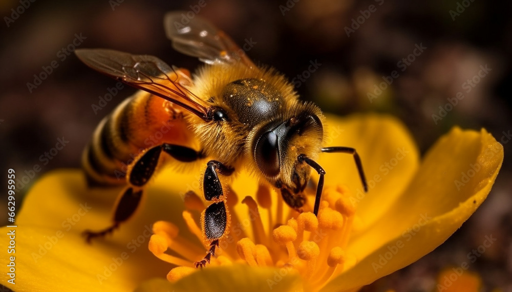 Busy honey bee collecting pollen from single flower in sunlight generated by AI