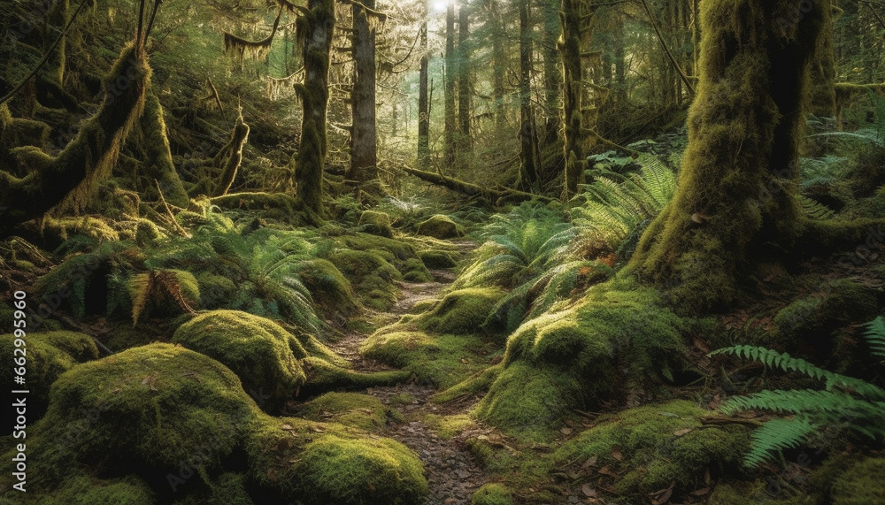 Tranquil scene of old growth forest, ferns and wet branches generated by AI