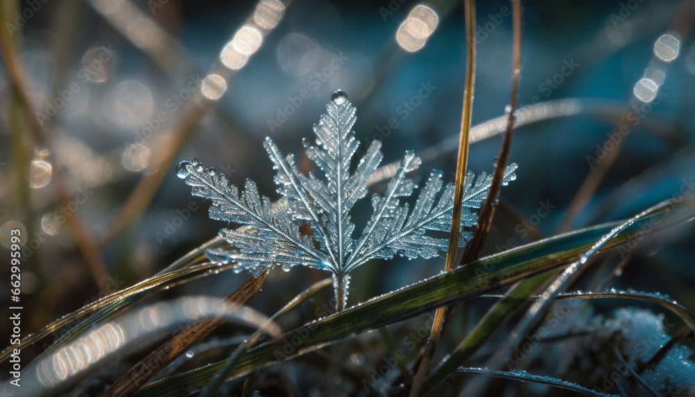 Freshness of winter dew on green leaves in defocused forest generated by AI