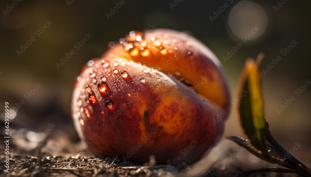 Ripe fruit on wet leaf, a macro view of nature freshness generated by AI