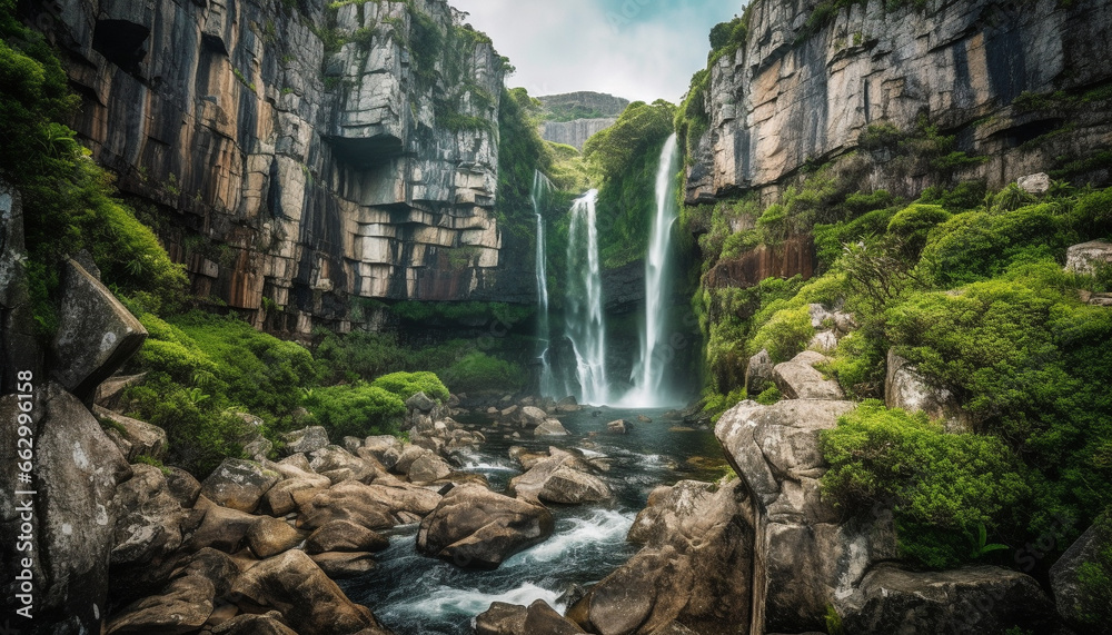 Tranquil scene of majestic mountain range in tropical rainforest generated by AI