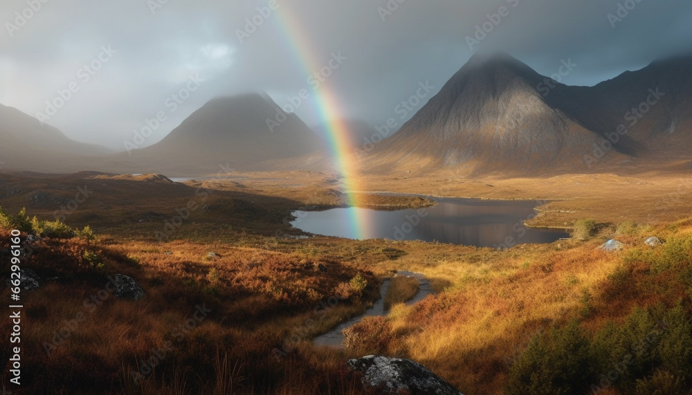 Tranquil scene of majestic mountain range with rainbow and reflection generated by AI