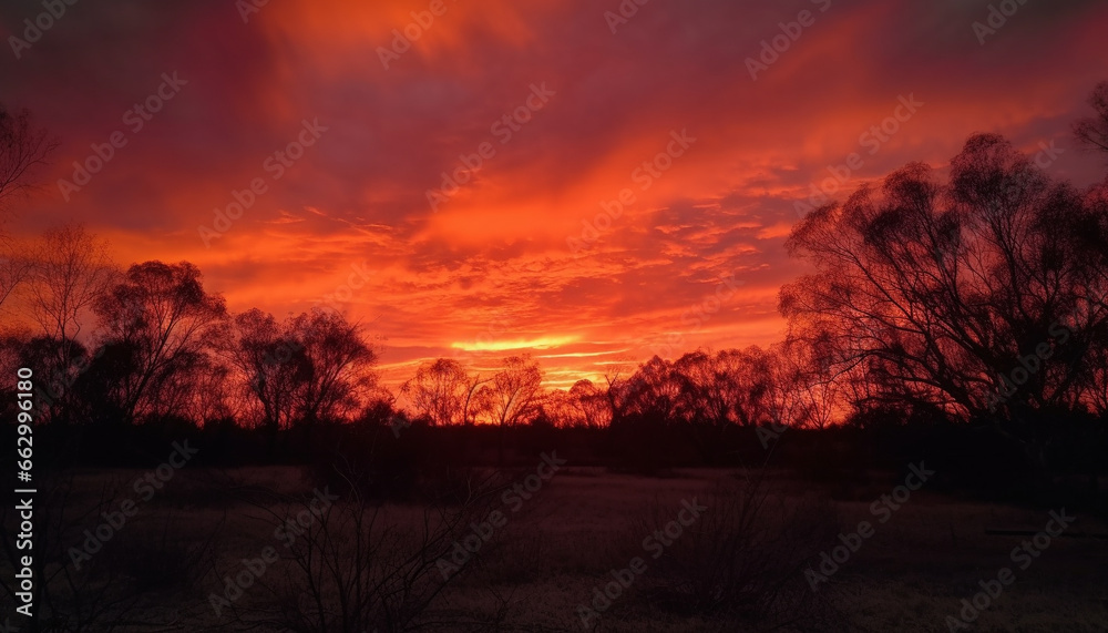 Silhouette of acacia tree against orange sky in African savannah generated by AI