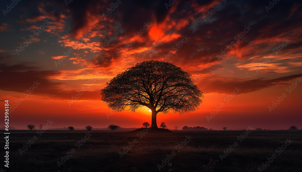 Golden horizon over tranquil meadow, vibrant tree growth in nature generated by AI