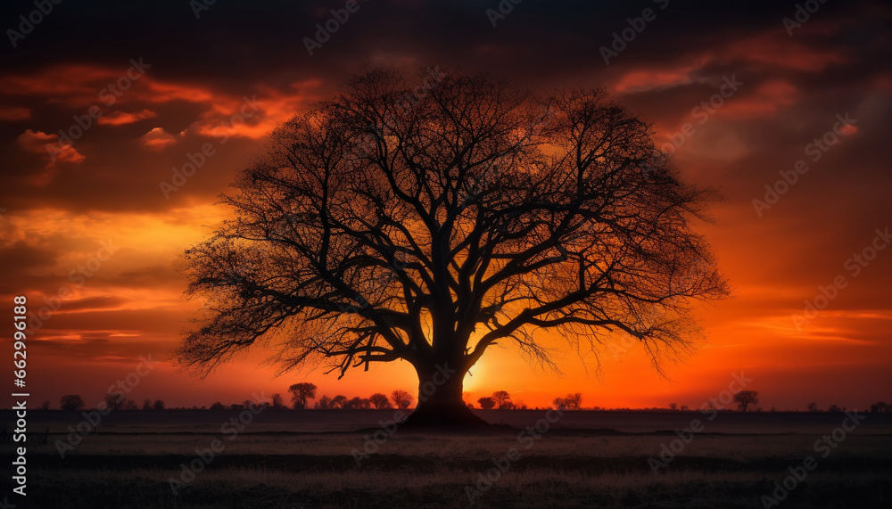 Silhouette of acacia tree back lit by orange sunset sky generated by AI