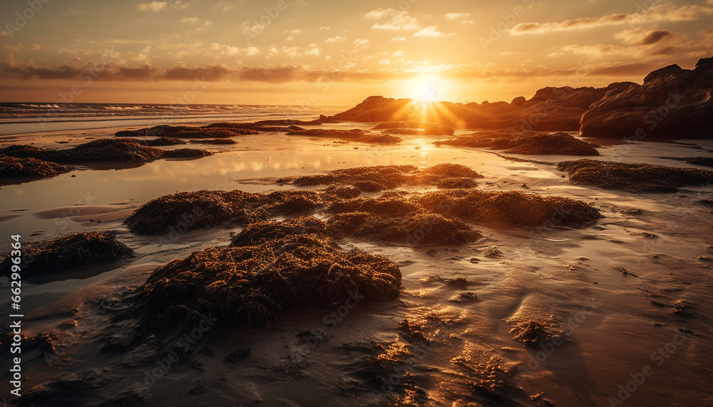 Golden horizon over tranquil waters, a natural beauty in twilight generated by AI