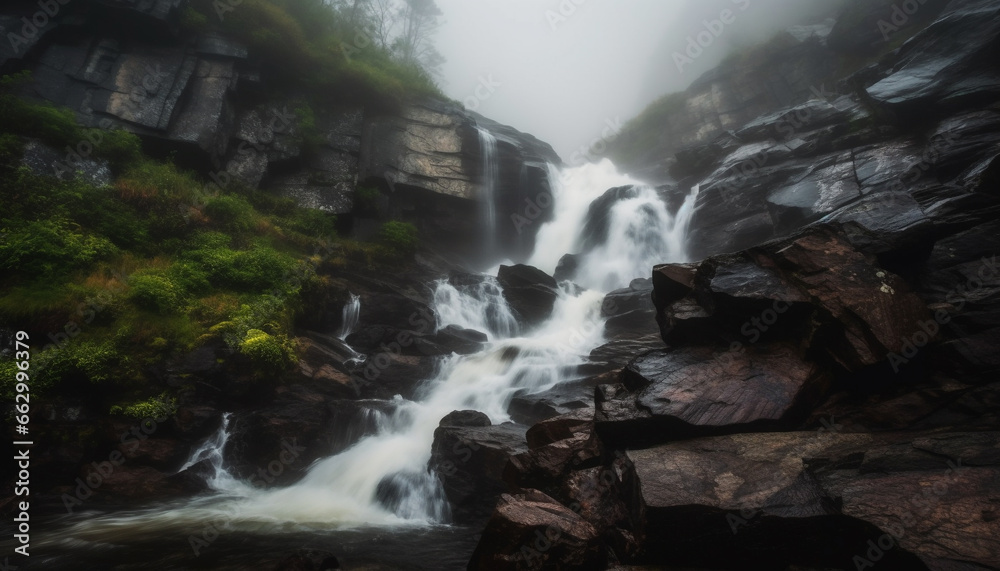 Tranquil scene of flowing water in majestic mountain range generated by AI