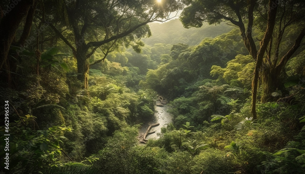 Tranquil scene of a tropical rainforest with flowing water and sunlight generated by AI