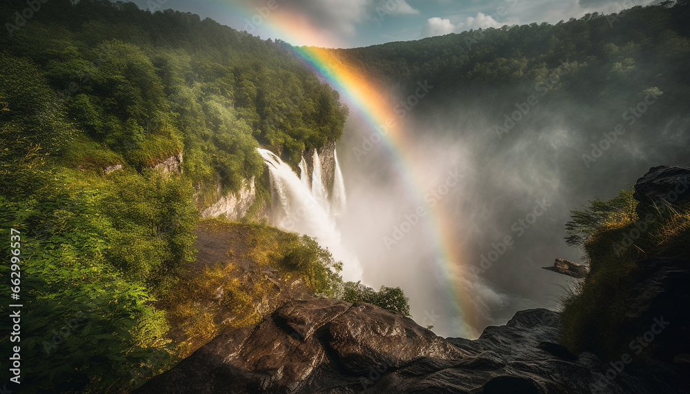 Nature beauty in rainbow landscape  forest, water, and mountain generated by AI