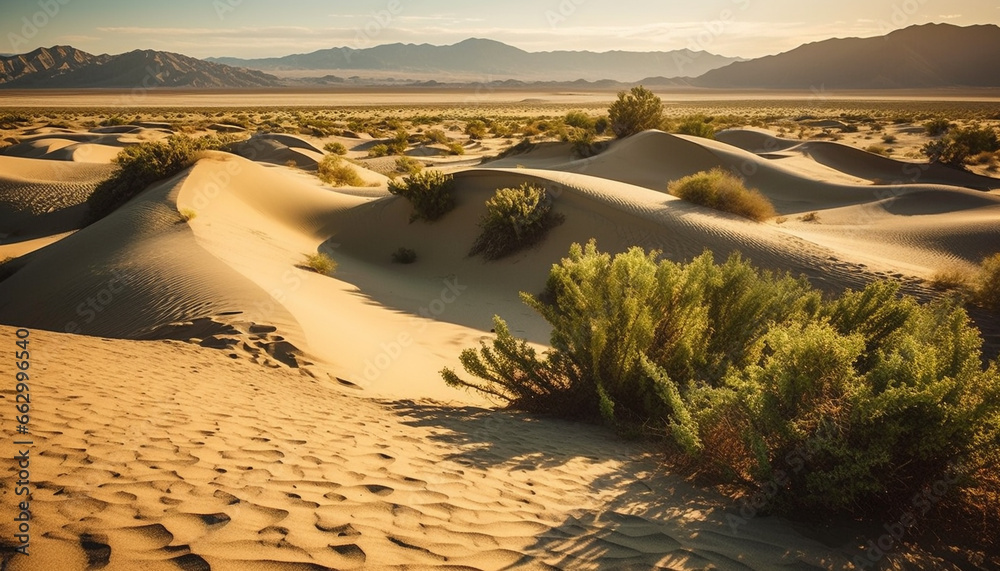 Sunset over majestic mountain range, ripples in sand dunes generated by AI