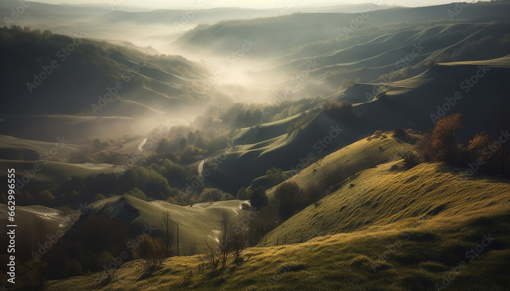 Tranquil scene of mountain range at dawn, surrounded by forest generated by AI