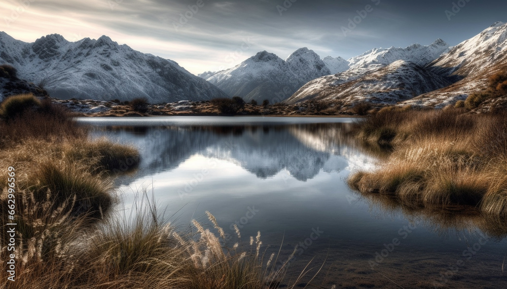 Tranquil scene of majestic mountain range reflected in tranquil water generated by AI