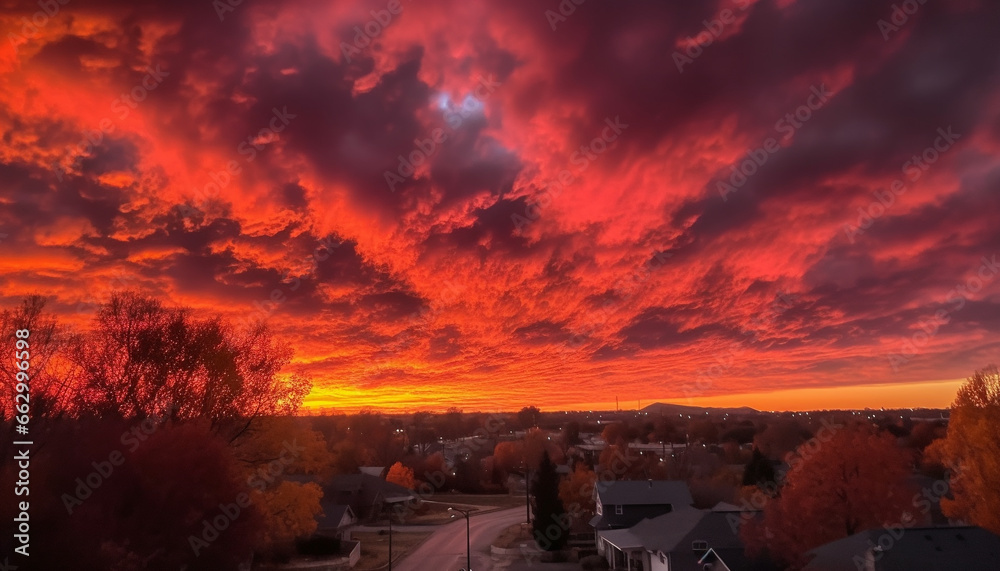 Vibrant sunset silhouettes rural landscape with dramatic sky reflection generated by AI