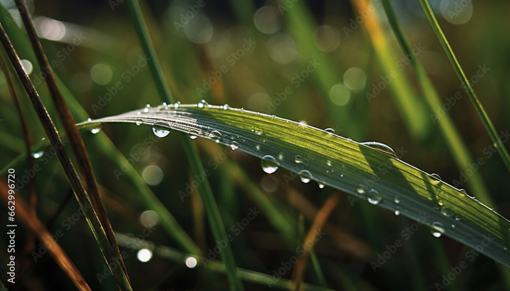 Fresh green dew drops on blades of grass in summer meadow generated by AI