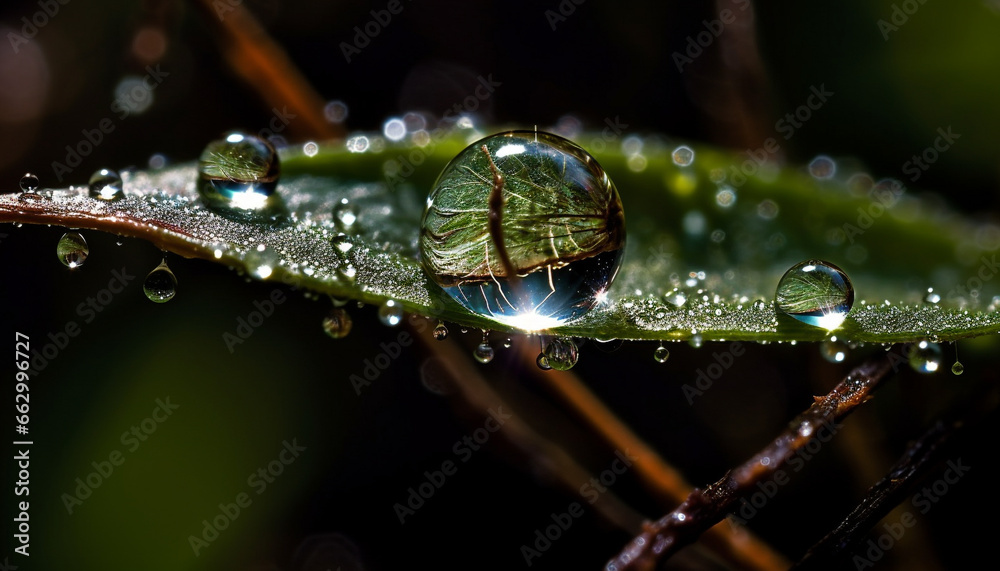 Fresh green leaves reflect beauty in nature dewy meadow generated by AI