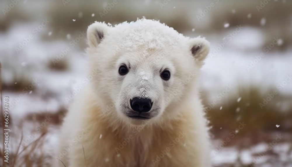 bear walking in snowy forest, looking at camera generated by AI