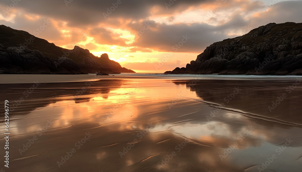 Tranquil sunset over idyllic coastline, reflecting natural beauty in nature generated by AI