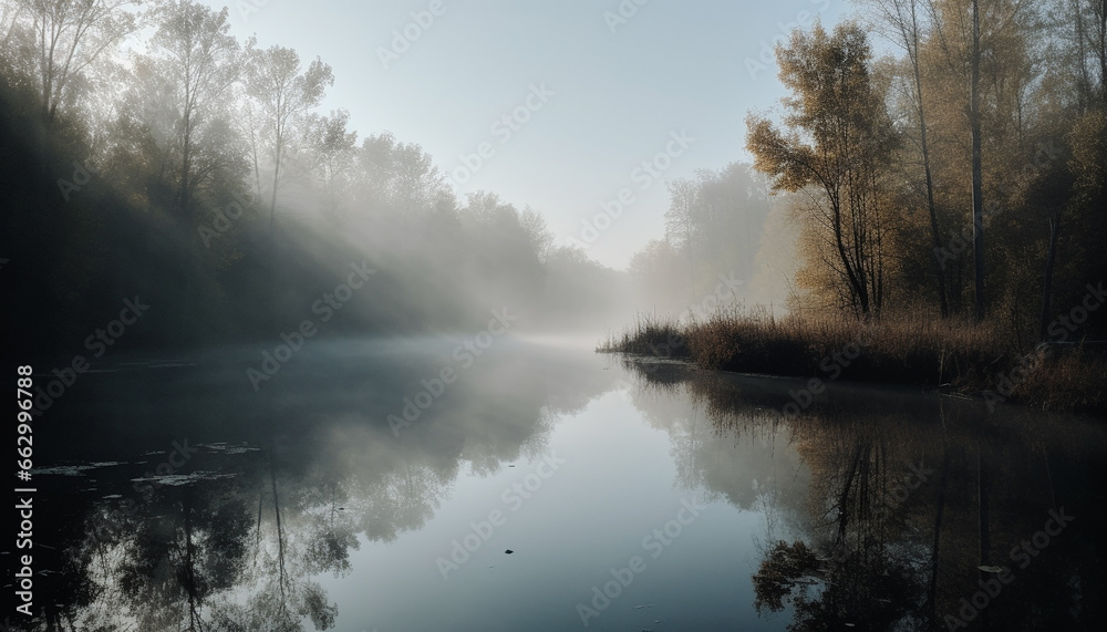 Tranquil scene of autumn forest, reflecting beauty in nature mystery generated by AI