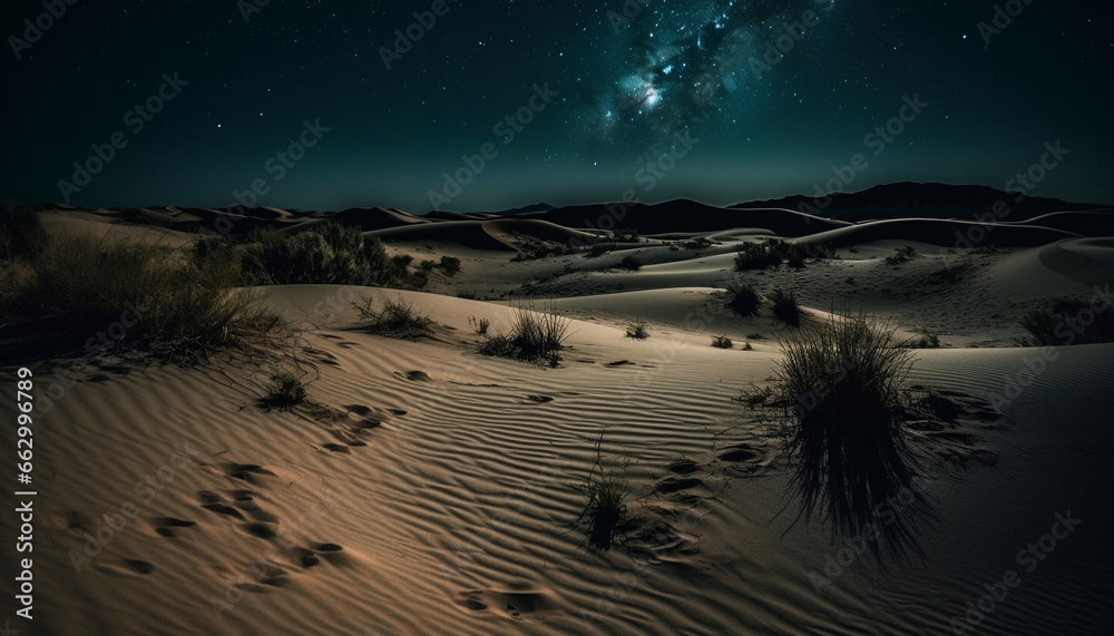 Night adventure in majestic landscape, star trail over sand dune generated by AI