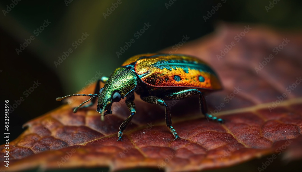 Small weevil crawls on green leaf, macro focus on foreground generated by AI