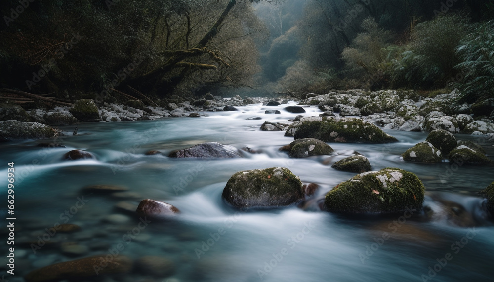 Tranquil scene of flowing water in a lush tropical forest generated by AI