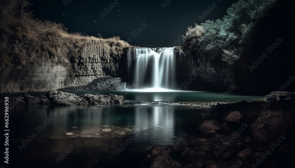 Tranquil scene of majestic mountain range with flowing water and reflection generated by AI