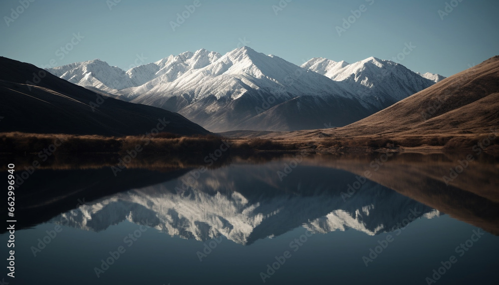 Tranquil scene of majestic mountain range reflected in clear water generated by AI