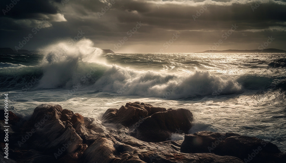 Breaking waves splash against rocky coastline at sunset, awe inspiring beauty generated by AI