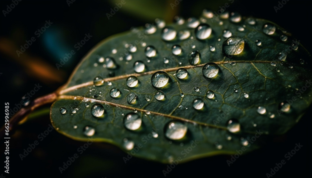 Vibrant green leaf reflects beauty in nature, wet with dew generated by AI