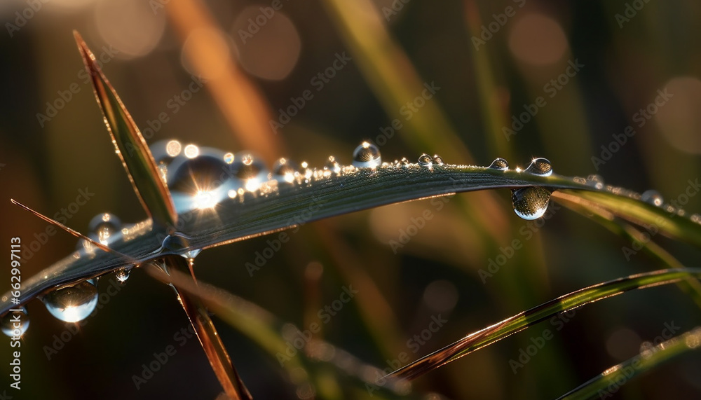 Fresh green dew drops on wet blades of grass in summer generated by AI