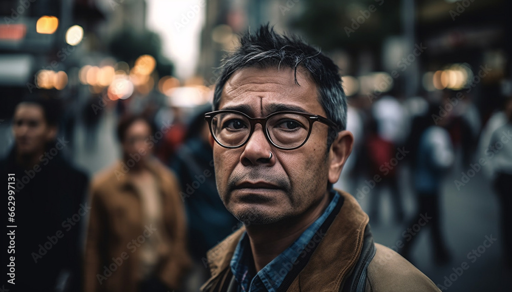 Confident businessman smiling at camera in bustling city nightlife generated by AI