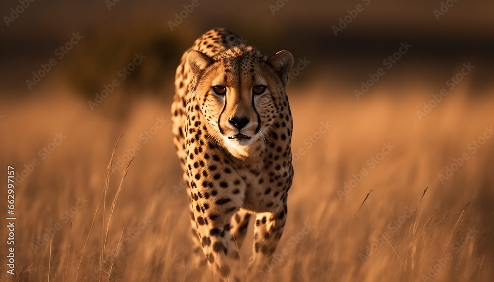 Majestic African cheetah walking in the wilderness, staring at sunset generated by AI