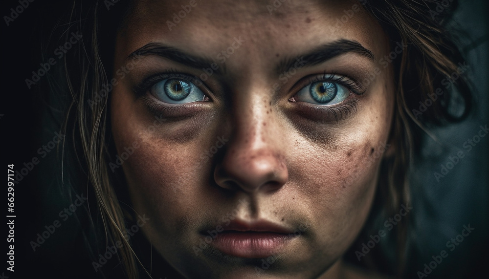 Sadness in the eyes of a young woman staring front view generated by AI