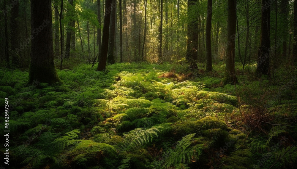 Tranquil forest footpath leads to mysterious wilderness area in autumn generated by AI