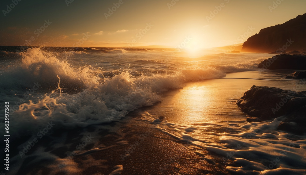 Tranquil seascape at dusk, waves splashing on golden coastline generated by AI